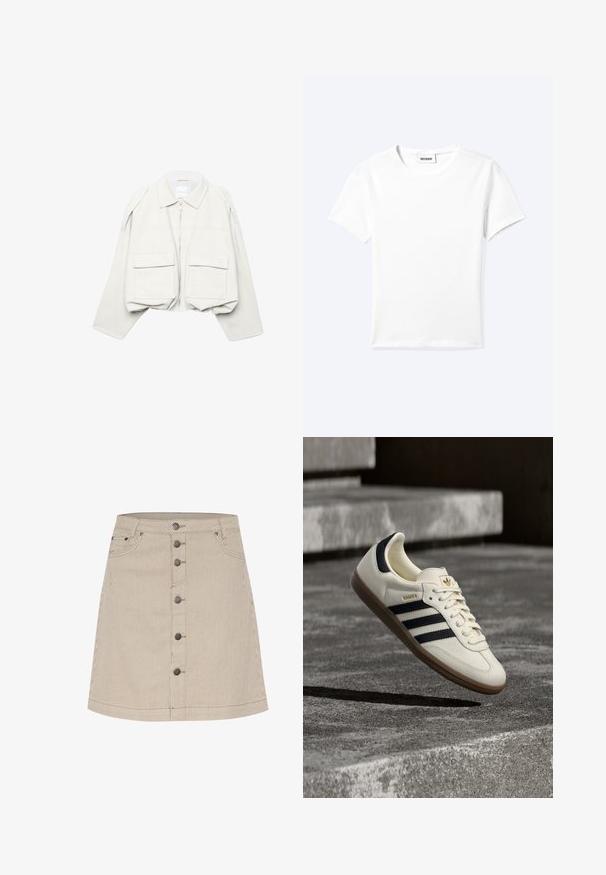 Lysebeige, cropped jakke med lange ærmer, krave, lynlås foran og to store klaplommer foran.; Ensfarvet hvid t-shirt med korte ærmer og rund halsudskæring med en lille "WEEKDAY" label indeni halskanten, vist fladt på en lys baggrund.; Beige stribet denim nederdel med en flagrende form, der har en lukning med knapper foran, to sidelommer og subtile syninger.; Hvid Adidas Samba sneaker med sorte striber og gummsål, svævende over teksturerede grå betonstrin.
