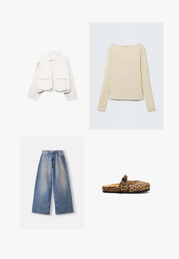 Lichtbeige cropped jas met lange mouwen, kraag, ritssluiting aan de voorkant en twee grote klepzakken aan de voorkant.; Beige langärmeliges nauwsluitend shirt mit einem Boot-Ausschnitt, flach auf einem hellen Hintergrund liegend.; Brede blauwe denim jeans met hoge taille en vervaagde details, plat gelegd op een witte achtergrond.; Slingback pantoffel met luipaardprint, een zachte binnenkant, een ronde neus en een decoratieve zwarte gesp. Zwarte rubberen zool met textuur.