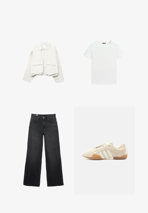 Lysebeige, cropped jakke med lange ærmer, krave, lynlås foran og to store klaplommer foran.; Almindelig hvid T-shirt med korte ærmer, rund halsudskæring og lille sort label inden i kraven.; Sorte viddebukser i jeans med høj talje, lukning med forreste knap og lynlås, bæltestropper og femlommesdesign.; Lavprofileret beige sneaker med tre hvide striber, teksturerede ruskindssidepaneler, gummisål og snørelukning på ensfarvet baggrund.