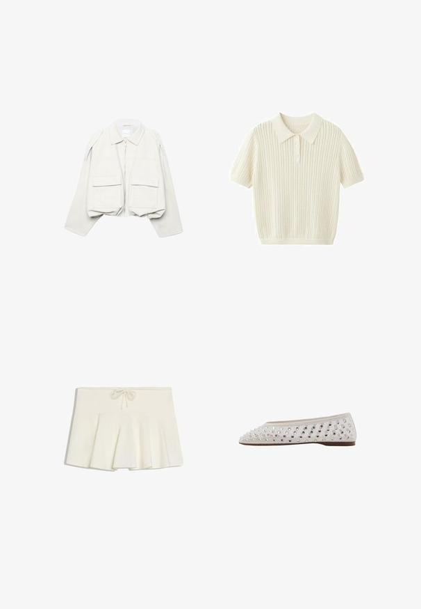 Lysebeige, cropped jakke med lange ærmer, krave, lynlås foran og to store klaplommer foran.; Kortærmet strikket polo i cremefarve med spids krave, tre-knaps slids og lodret tekstureret stribet mønster.; Hvid plisseret mininederdel med snoretræk i taljen og blødt, struktureret stof, lagt fladt på hvid baggrund.; Balletflad i cremefarvet stof med sølvfarvede palietter arrangeret i et prik mønster, rund tå og lav brun sål. Tekstureret overdel for ekstra detalje.