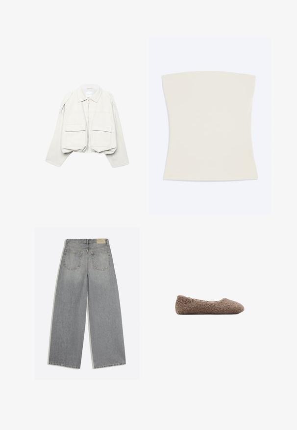Lysebeige, cropped jakke med lange ærmer, krave, lynlås foran og to store klaplommer foran.; Stropfri, cremefarvet tubetop med en lige halsudskæring og glat stof, lagt fladt på en lys baggrund.; Grå vidbenede denimjeans der viser bagsiden med to lommer og bæltestropper lagt fladt på hvid baggrund.; Brun, fleece-fodret ballet flats med rund tå. Blød tekstur og sømløst design, der har en lav profil. Ingen synlige detaljer.