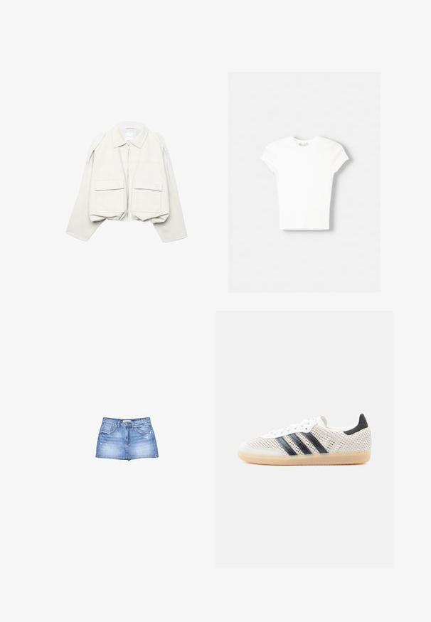 Veste courte beige clair avec manches longues, col, fermeture éclair à l'avant et deux grandes poches à rabat sur le devant.; T-shirt blanc à manches courtes en coton doux, avec un col rond et une coupe ajustée. Pas de motifs ni d'ornements visibles.; Jupe en denim bleu clair avec un ourlet effiloché, fermeture à boutons sur le devant et deux poches à l'avant. Les détails usés ajoutent de la texture.; Baskets en maille blanche avec un design à trois bandes noires, bout arrondi et semelle en caoutchouc gomme. Dotées d'un col de talon souple et d'une fermeture à lacets.