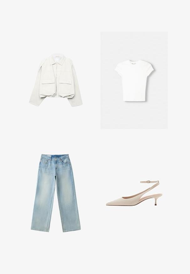 Lysebeige, cropped jakke med lange ærmer, krave, lynlås foran og to store klaplommer foran.; Hvid kortærmet t-shirt lavet af blød bomuld, med rund halsudskæring og en tætsiddende form. Ingen synlige mønstre eller udsmykninger.; Lyseblå vidde cowboybukser med forlommer, linning med knaplukning og subtile falmede detaljer på lårene.; Spids-tået beige slingback pump med en slank hæl og justerbar ankelrem. Glat tekstur med minimalistisk design og ingen synlige mønstre.