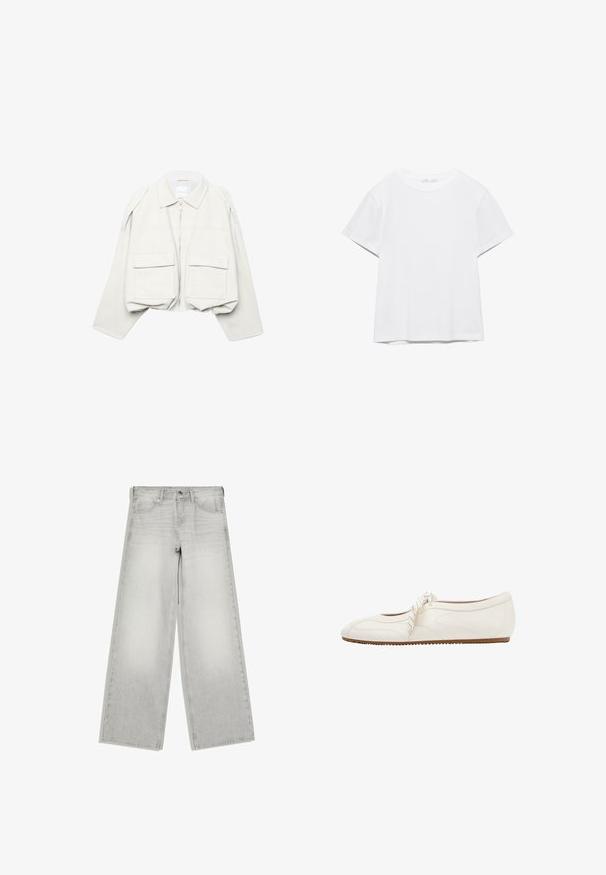 Veste courte beige clair avec manches longues, col, fermeture éclair à l'avant et deux grandes poches à rabat sur le devant.; T-shirt blanc uni à manches courtes et col rond, avec un ourlet droit, présenté sur un fond blanc.; Jean gris clair à jambes larges avec fermeture par bouton et zip, poches avant, et passants de ceinture, présenté à plat sur fond blanc.; Chaussure de ballet plate couleur blanc cassé en cuir texturé, avec des détails cousus, un bout rond, une semelle fine en caoutchouc et une lanière crème à nouer sur le dessus.