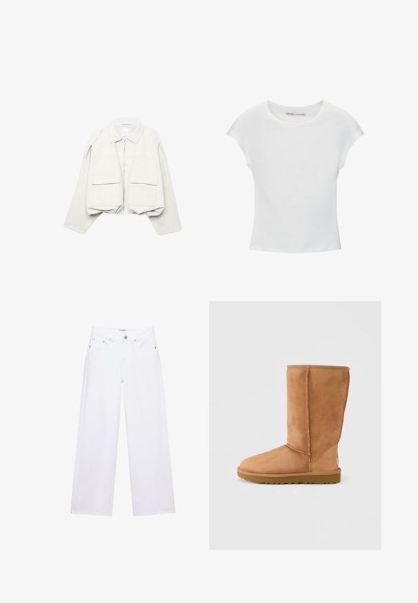 Veste courte beige clair avec manches longues, col, fermeture éclair à l'avant et deux grandes poches à rabat sur le devant.; T-shirt en coton blanc avec manches courtes retroussées, encolure ronde et ourlet droit. Texture lisse sans motifs ni accents visibles.; Jean blanc taille haute à jambes larges avec fermeture à boutons et zip, poches avant et arrière, et détails en rivets argentés.; Botte mi-mollet en daim marron clair avec semelle épaisse et coutures visibles, vue de côté extérieur sur un fond uni.