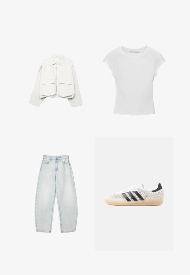 Veste courte beige clair avec manches longues, col, fermeture éclair à l'avant et deux grandes poches à rabat sur le devant.; T-shirt en coton blanc avec manches courtes retroussées, encolure ronde et ourlet droit. Texture lisse sans motifs ni accents visibles.; Jean en denim bleu clair avec une coupe décontractée, taille haute, cinq poches et un léger dégradé sur l'ensemble du tissu.; Baskets en maille blanche avec un design à trois bandes noires, bout arrondi et semelle en caoutchouc gomme. Dotées d'un col de talon souple et d'une fermeture à lacets.