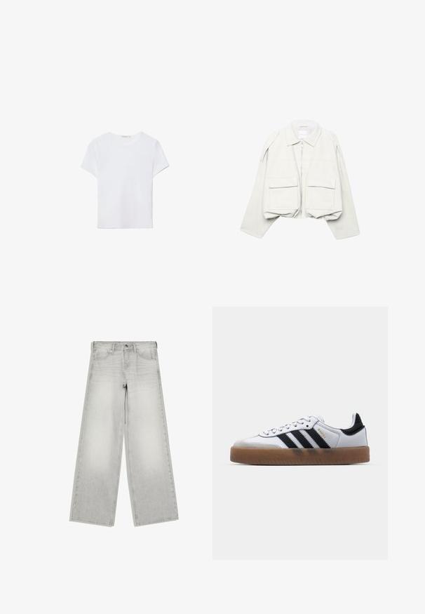 Veste courte beige clair avec manches longues, col, fermeture éclair à l'avant et deux grandes poches à rabat sur le devant.; T-shirt blanc à manches courtes en tissu doux. Dispose d'un col rond et d'un design simple et épuré avec un ourlet droit.; Jean gris clair à jambes larges avec fermeture par bouton et zip, poches avant, et passants de ceinture, présenté à plat sur fond blanc.; Baskets en cuir blanc avec des rayures noires, semelle extérieure en caoutchouc beige, bout rond, fermeture lacée et embout en suède gris doux.