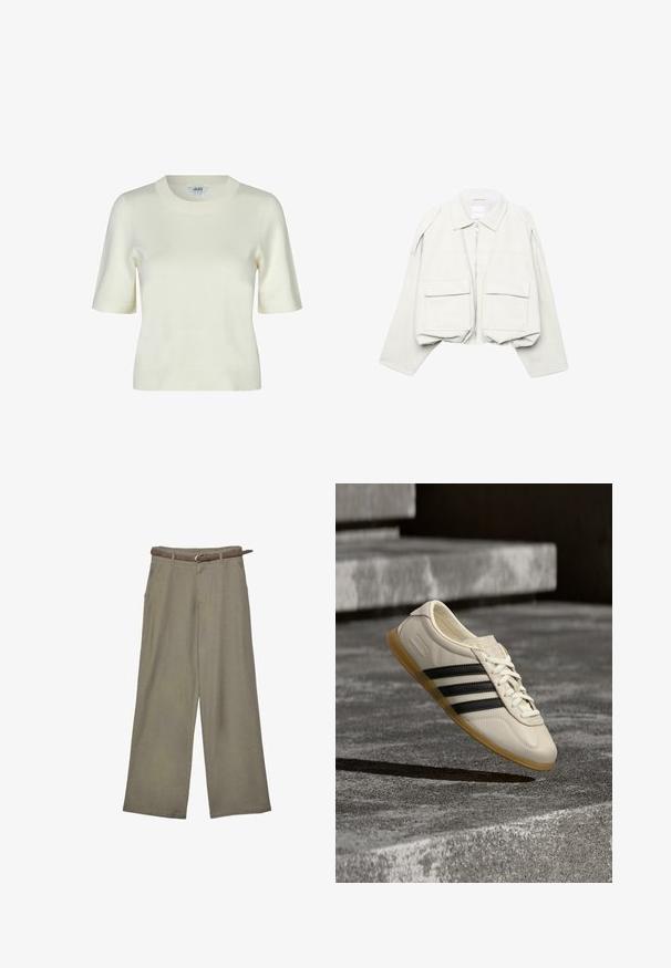 Lysebeige, cropped jakke med lange ærmer, krave, lynlås foran og to store klaplommer foran.; Strikket kortærmet sweater i off-white med rund halsudskæring og en glat, blød tekstur. Enkel og klassisk design.; Khaki bukser med vide ben, sidelommer og bæltestropper, kombineret med et tyndt brunt læderbælte med sølvspænde.; Hvid sneaker med sorte striber og gummisål svæver over betontrapper i blødt dagslys.
