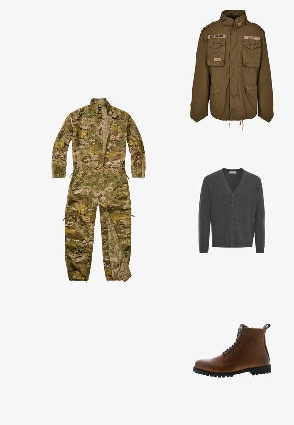 Olivengrøn M65 jakke med ståkrave, to brystlommer, justerbar talje-snører og broderede lapper på skuldrene.; Heldækkende militær-inspireret camouflage-dragtt med lange ærmer, lynlås foran, flere lommer og elastiske manchetter ved ben og håndled.; Grå uld cardigan med V-hals, frontknapper og ribstrikkede manchetter. Blød tekstur og tætsiddende design.; Brune læder ankelstøvler med tekstureret overflade, metaløjer og sort gummisål. Har en træktab bagpå for nem påtagning.