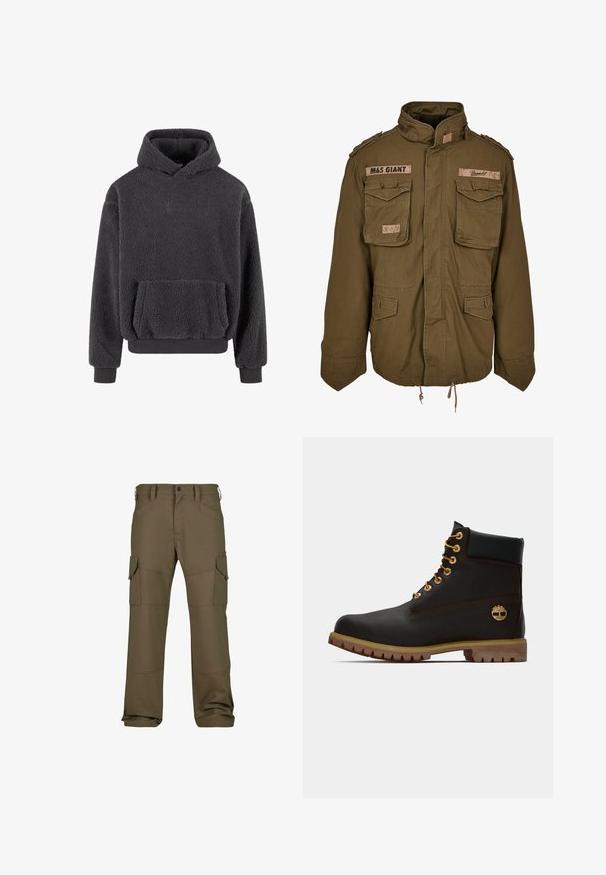 Olivengrøn M65 jakke med ståkrave, to brystlommer, justerbar talje-snører og broderede lapper på skuldrene.; Fleece hoodie i mørkegrå med en tekstureret overflade, en kangaroo-lomme og ribbede manchetter og kant. Har et lille logo på brystet.; Cargo bukser i mørke olivengrøn med flere lommer, forstærket syning, lige pasform og en glat tekstureret stof.; Sorte læder ankelstøvle med gyldne øjer, brune detaljer og gummisål. Har en polstret krave og præget logo på siden.