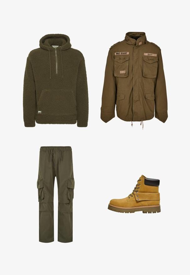 Veste M65 vert olive avec col montant, deux poches poitrine, cordon de serrage à la taille et patchs cousus sur les épaules.; Sweat à capuche en polaire sherpa marron avec poche kangourou, demi-zip devant, capuche réglable avec cordon et petite étiquette de marque près de l'ourlet.; Pantalon cargo en vert olive, avec une taille élastique à cordon de serrage, de multiples poches latérales et une coupe ample avec des détails plissés.; Botte de travail beige avec col noir rembourré, laçage à l'avant, rabat replié maintenu par des œillets métalliques et semelle épaisse en caoutchouc crantée.