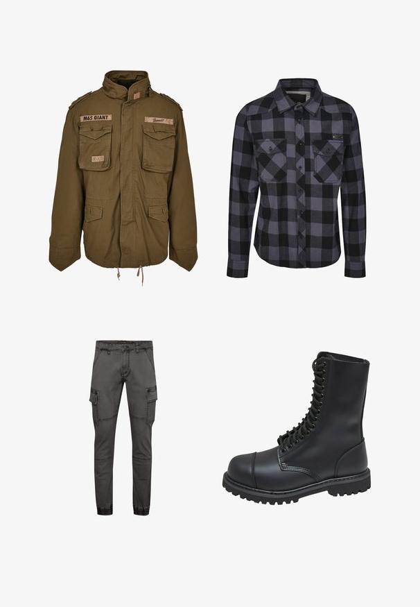 Veste M65 vert olive avec col montant, deux poches poitrine, cordon de serrage à la taille et patchs cousus sur les épaules.; Chemise à carreaux gris et noir avec boutonnière. Elle comporte deux poches poitrine, des manches longues et un col classique. Fabriquée dans un tissu doux.; Pantalons cargo gris au design ajusté, fabriqués en denim, avec des poches latérales, des coutures texturées et des ourlets élastiqués pour un ajustement confortable.; Botte de combat en cuir noir avec un haut tige, fermeture lacée à l'avant, col rembourré et semelle texturée robuste pour une meilleure adhérence. Dotée d'un capuchon de protection renforcé.