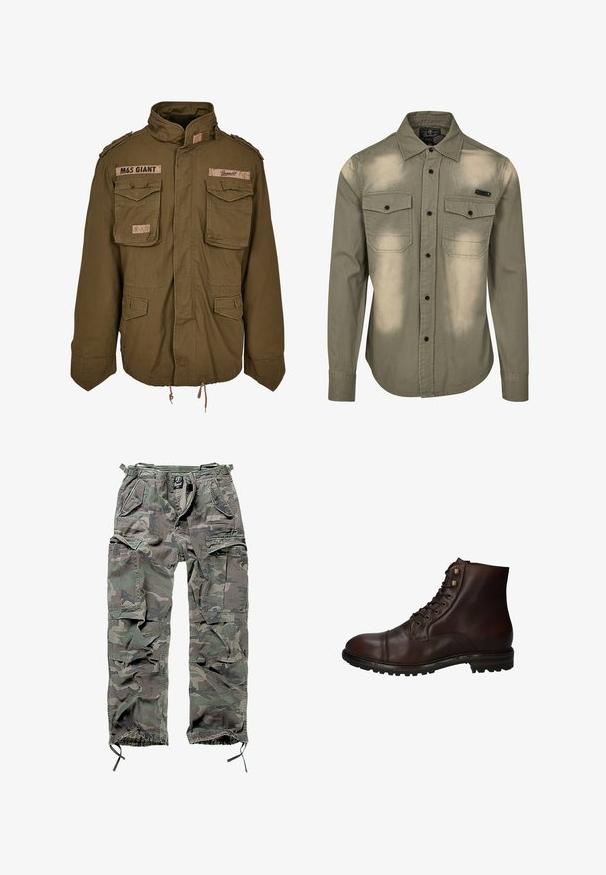 Chaqueta M65 verde oliva con cuello alzado, dos bolsillos en el pecho, cordón ajustable en la cintura y parches cosidos en los hombros.; Camisa de manga larga verde oliva de algodón con un diseño desvanecido. Tiene dos bolsillos en el pecho, un cierre frontal con botones y botones negros.; Pantalones cargo camuflados en verde y gris, con múltiples bolsillos, cintura elástica, puños de tobillo ajustables y un corte relajado.; Bota de tobillo de cuero marrón oscuro con cordones, suela de goma resistente y ojales de metal, vista desde el lado exterior.