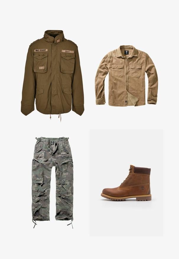 Olivegrüne M65-Jacke mit Stehkragen, zwei Brusttaschen, verstellbarem Taillenzug und aufgenähten Patches auf den Schultern.; Karamellfarbendes Cordhemd mit langen Ärmeln, Knopfleiste, zwei Brusttaschen und subtiler gerippter Textur. Mit Markenetikett am unteren Ende.; Tarnfarbene Cargo-Hose in Grün und Grau, ausgestattet mit mehreren Taschen, elastischem Bund, verstellbaren Knöchelbündchen und einer lockeren Passform.; Braune Lederwanderschuhe mit glatter Oberfläche, gepolstertem Knöchel, Metallösen und einer Gummisohle mit robustem Profil.