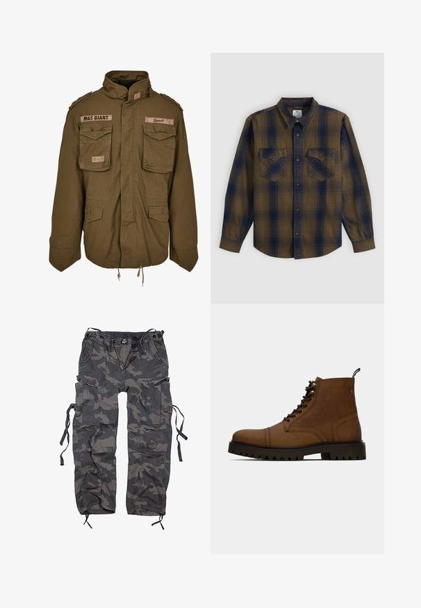 Veste M65 vert olive avec col montant, deux poches poitrine, cordon de serrage à la taille et patchs cousus sur les épaules.; Chemise boutonnée à manches longues avec motif à carreaux marron et bleu marine et deux poches poitrine boutonnées, posée à plat sur fond blanc.; Pantalons cargo camouflage dans des tons de gris et de noir, fabriqués à partir d'un tissu avec une surface légèrement texturée. Présente plusieurs poches et des liens à l'ourlet.; Botte de cheville en cuir marron à lacets avec semelle crantée noire épaisse et languette, sur fond blanc.