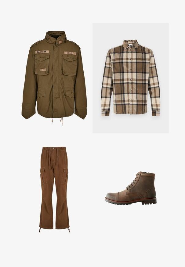Olivegrüne M65-Jacke mit Stehkragen, zwei Brusttaschen, verstellbarem Taillenzug und aufgenähten Patches auf den Schultern.; Braunes und beiges Cordhemd mit Karomuster, mit durchgehender Knopfleiste und Kragen, langen Ärmeln und metallischen Knöpfen.; Braune Cargohosen mit elastischem Bund, Kordelzug-Details, zwei Seitentaschen und weiteren Beinen mit verstellbaren Säumen.; Braune Lederknöchelstiefel mit abgerundeter Spitze, gepolstertem Kragen, Schnürung mit sechs Ösen und strukturiertem Gummisohle. Genähte Akzente an den Seiten.
