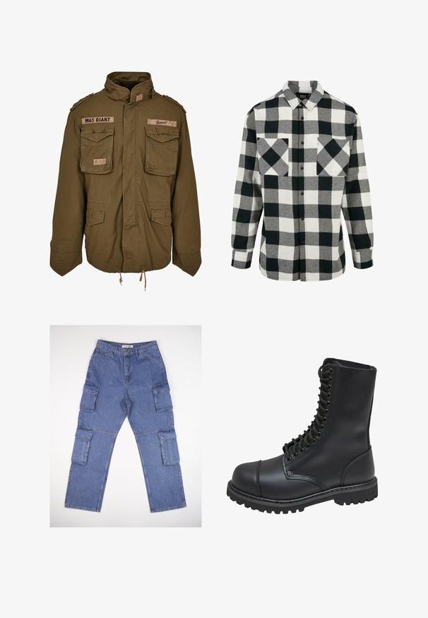 Olivegrüne M65-Jacke mit Stehkragen, zwei Brusttaschen, verstellbarem Taillenzug und aufgenähten Patches auf den Schultern.; Schwarz-weiße Flanellhemd mit großem Karomuster, langen Ärmeln, Knopfleiste und zwei Brusttaschen. Aus weichem Stoff gefertigt.; Blaue Denim-Cargo-Hosen mit mehreren Seitentaschen, einem geraden Beindesign und einem klassischen Bund. Der Stoff hat eine leicht strukturierte Textur und ist leicht ausgebleicht.; Schwarze Lederkampfstiefel mit hohem Schaft, Schnürung an der Vorderseite, gepolstertem Kragen und rutschfester, strukturierter Sohle für guten Halt. Mit verstärkter Zehenkappe.