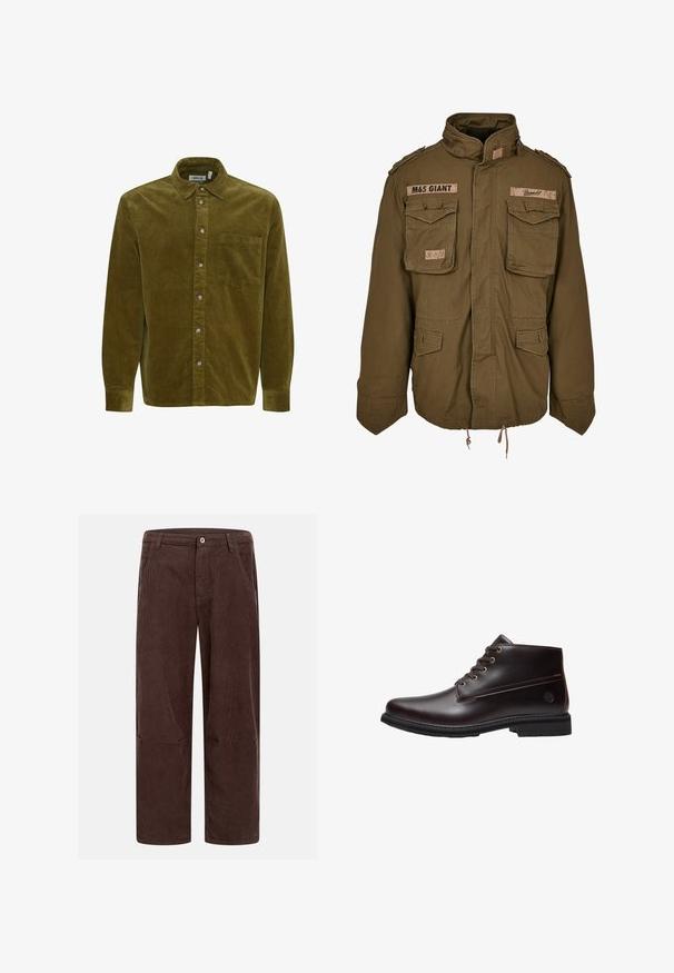 Veste M65 vert olive avec col montant, deux poches poitrine, cordon de serrage à la taille et patchs cousus sur les épaules.; Chemise en velours côtelé vert olive avec boutons, manches longues, une poche poitrine unique, col pointu et boutons visibles sur le devant.; Pantalon en velours côtelé marron avec une coupe droite, doté d'une fermeture avant à boutons, de poches latérales et d'une texture côtelée.; Bottine en cuir marron foncé à lacets avec semelle noire et logo discret de la marque sur le côté, présentée de profil sur fond blanc.