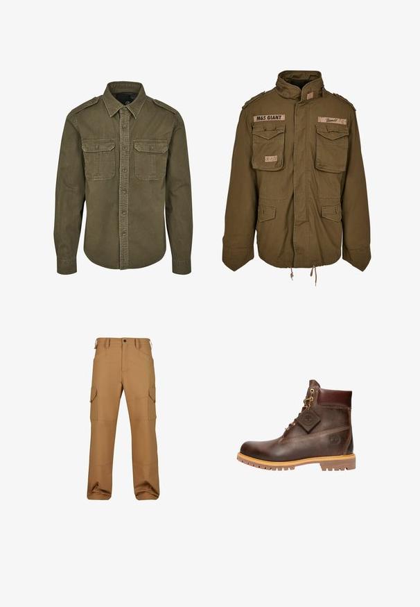 Olijfgroene M65-jack met een staande kraag, twee borstzakken, een verstelbare taille met trekkoord en geborduurde patches op de schouders.; Olijf groene button-up shirt van katoen. Heeft een kraag, twee borstzakken met kleppen en gestructureerde schouders met zichtbare stiksels.; Bruine cargobroek gemaakt van duurzaam materiaal, met meerdere zakken, een relaxte pasvorm en versterkte stikseldetails.; Bruine leren enkelboot met een ronde neus, stevige zool, hardware in goudkleur en een gestructureerde bovenkant. Inclusief een merklabel dat is bevestigd.