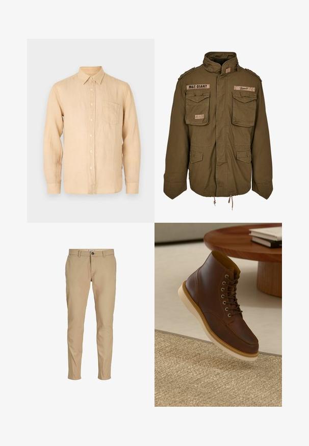 Olivegrüne M65-Jacke mit Stehkragen, zwei Brusttaschen, verstellbarem Taillenzug und aufgenähten Patches auf den Schultern.; Beige Leinenhemd mit langen Ärmeln, Button-Down-Kragen, Fronttasche und einer glatten, leicht strukturierten Oberfläche. Klassische Passform und schlichtes Design.; Beige schmal geschnittene Herrenhose mit Gürtelschlaufen, vorderer Knopfverschluss und Seitentaschen auf weißem Hintergrund.; Braune Leder-Ankle-Boots mit beiger Sohle auf einem strukturierten beigen Teppich neben einem runden Holztisch mit gestapelten Büchern.