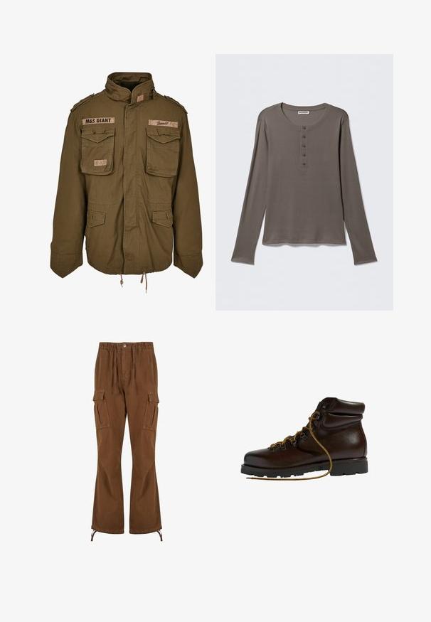 Chaqueta M65 verde oliva con cuello alzado, dos bolsillos en el pecho, cordón ajustable en la cintura y parches cosidos en los hombros.; Camiseta henley gris de manga larga con cinco botones y cuello redondo, presentada sobre un fondo blanco liso.; Pantalones cargo marrones con cintura elástica, detalles de cordón, dos bolsillos laterales y piernas más anchas con dobladillos ajustables.; Botas de senderismo de cuero marrón con punta redondeada, superficie texturizada, cordones amarillos y ojales de metal. Cuentan con una suela de goma negra resistente.