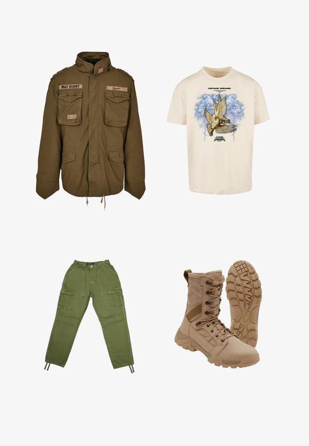 Veste M65 vert olive avec col montant, deux poches poitrine, cordon de serrage à la taille et patchs cousus sur les épaules.; T-shirt en coton beige présentant un graphique de deux colombes aux ailes déployées, entourées d'un fond de nuages bleus et d'accents de foudre.; Pantalons cargo vert olive en tissu léger, dotés d'une taille élastique, de cordons de serrage et de plusieurs poches latérales.; Botte tactique beige avec un lacet montant à la cheville et une semelle en caoutchouc robuste, une botte debout et une montrant le motif de la semelle.