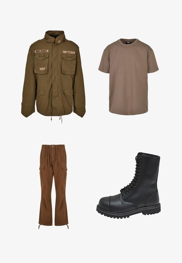 Olijfgroene M65-jack met een staande kraag, twee borstzakken, een verstelbare taille met trekkoord en geborduurde patches op de schouders.; Koffiekleurig t-shirt van katoen, met een ronde halslijn, korte mouwen en een relaxte pasvorm met een zachte textuur. Geen patronen of accenten.; Bruine cargobroek met een elastische tailleband, trekkoorddetails, twee zijzakken en bredere pijpen met verstelbare zoom.; Zwarte leren gevechtslaars met een hoge schacht, vetersluiting aan de voorkant, gewatteerde kraag en een stevige, gestructureerde zool voor grip. Bevat een versterkte neus.