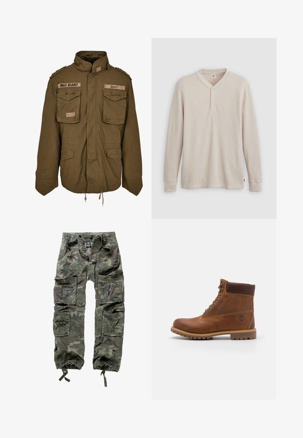 Chaqueta M65 verde oliva con cuello alzado, dos bolsillos en el pecho, cordón ajustable en la cintura y parches cosidos en los hombros.; Camisa tipo henley de manga larga en tejido acanalado color beige claro, con escote en V,tapeta de tres botones, y mangas con puños. Etiqueta de logo roja en el dobladillo.; Pantalones cargo de camuflaje, confeccionados en algodón, con múltiples bolsillos, puños elásticos y un corte holgado con cintura ajustable mediante cordón.; Botas de senderismo de cuero marrón con un acabado suave, tobillo acolchado, ojales de metal y suela de goma con un patrón de tracción robusto.