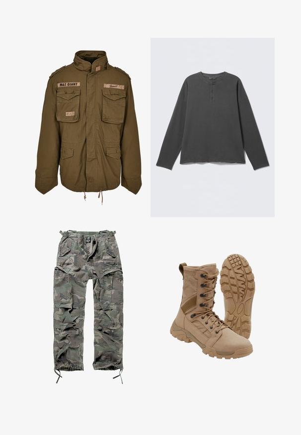 Olivengrøn M65 jakke med ståkrave, to brystlommer, justerbar talje-snører og broderede lapper på skuldrene.; Mørkegrå langærmet henley-shirt med rund halsudskæring og tre knapper på frontpladen.; Camo cargo bukser i grøn og grå, med flere lommer, elastisk talje, justerbare ankelmanchetter og en afslappet pasform.; Brun taktisk støvle med snørelukning i ankellængde og robust gummisål, en støvle står oprejst og den anden viser slidbanemønster.