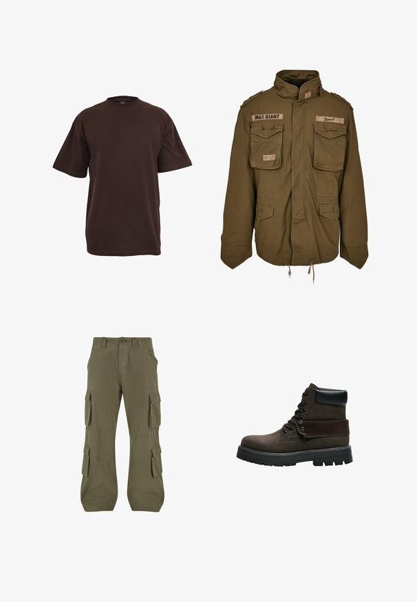 Olivegrüne M65-Jacke mit Stehkragen, zwei Brusttaschen, verstellbarem Taillenzug und aufgenähten Patches auf den Schultern.; Braunes Baumwoll-T-Shirt mit kurzen Ärmeln, Rundhalsausschnitt und lockerer Passform. Glatte Textur ohne sichtbare Muster oder Akzente.; Cargo-Hosen in Olivgrün. Aus Baumwolle gefertigt, mit mehreren Seitentaschen, geradem Schnitt und sichtbaren Nahtdetails.; Dunkelbrauner Schnürstiefel mit schwarzem, gepolstertem Schaft, dicker schwarzer Gummisohle und umgeschlagenem Bund.