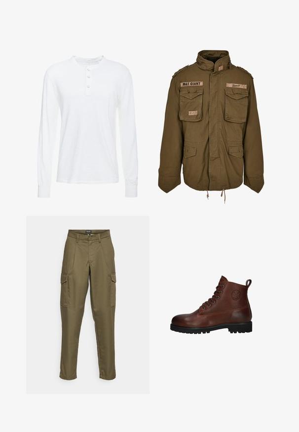 Chaqueta M65 verde oliva con cuello alzado, dos bolsillos en el pecho, cordón ajustable en la cintura y parches cosidos en los hombros.; Camisa henley de manga larga blanca en tejido ligero, con cuello redondo, tapeta de tres botones y puños ajustados.; Pantalones cargo en verde oliva con corte recto, bolsillos frontales y bolsillos laterales. Fabricados con una tela duradera de textura suave.; Botín de cuero marrón hasta el tobillo con una superficie texturizada, seis ojetes, una suela de goma negra y un lazo para fácil colocación.