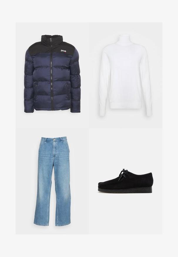 Schott UTAH - Winterjacke - navy; Weißer Rollkragenpullover mit langen Ärmeln, aus glattem Stoff gefertigt. Verfügt über eine taillierte Passform sowie gerippte Bündchen und Saum. Keine Muster oder Akzente.; Helle blaue weit geschnittene Jeans aus Denim. Mit hoher Taille, Knopfverschluss und klassischem Five-Pocket-Design. Glatte Textur.; Schwarze Wildlederschuhe mit rundem Zehendesign, einer Schnürfront und einer strukturierten schwarzen Gummisohle. Glattes Obermaterial mit dezenten Nahtdetails.