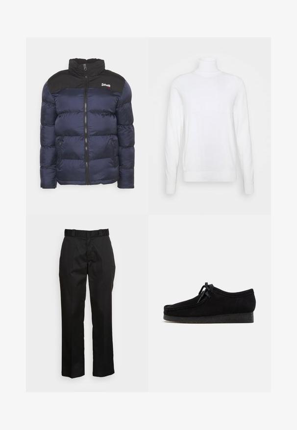 Schott UTAH - Winterjacke - navy; Weißer Rollkragenpullover mit langen Ärmeln, aus glattem Stoff gefertigt. Verfügt über eine taillierte Passform sowie gerippte Bündchen und Saum. Keine Muster oder Akzente.; Schwarze Hose aus einem glatten Stoff, mit einem geraden Bein Design, Gürtelschlaufen und zwei Seiten Taschen. Klassischer Look ohne Verzierungen.; Schwarze Wildlederschuhe mit rundem Zehendesign, einer Schnürfront und einer strukturierten schwarzen Gummisohle. Glattes Obermaterial mit dezenten Nahtdetails.