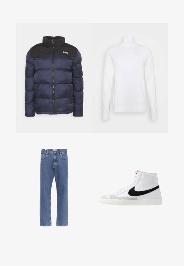 Schott UTAH - Chaqueta de invierno - navy; Suéter blanco de cuello alto y mangas largas, hecho de una tela suave. Presenta un diseño ajustado y puños y dobladillo acanalados. Sin patrones ni acentos.; Vaqueros de mezclilla azul claro con un diseño de pierna recta, cinco bolsillos y una cinturilla con una etiqueta tipo tab. Textura suave con costuras clásicas.; Zapatillas altas blancas con un swoosh negro, una puntera texturizada en gris y suela plana blanca. Presenta seis ojales y acentos cosidos.