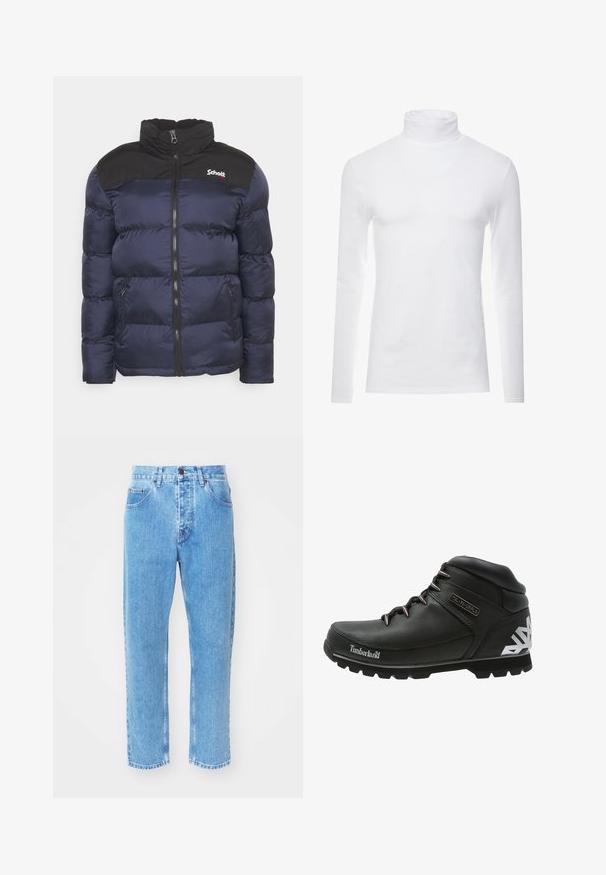Schott UTAH - Winterjas - navy; Witte lange mouw turtleneck-shirt gemaakt van zachte, rekbare stof. Heeft een hoge kraag en een aangesloten ontwerp, wat zorgt voor een gestroomlijnde uitstraling.; Lichtblauwe denim jeans hebben een rechte pijpdesign, vijf zakken en een klassiek knoopsluiting bij de taille.; Zwarte wandelschoenen met een gestructureerd leren bovenwerk, rubberen zolen en metalen oogjes. Opvallend wit geometrisch ontwerp op de hiel. Timberland-logo zichtbaar.