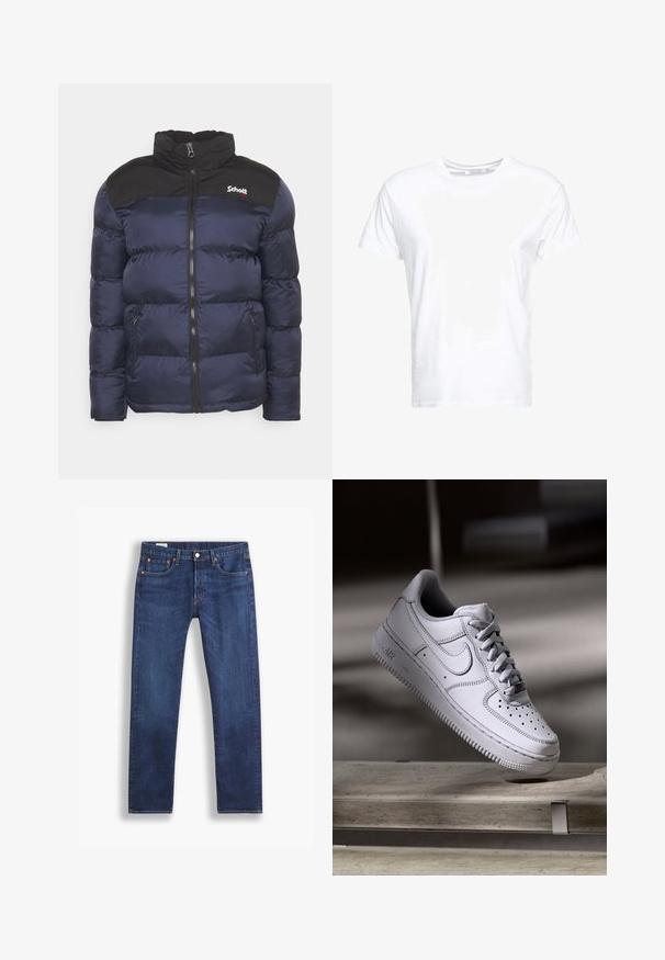 Schott UTAH - Winterjas - navy; Witte katoenen t-shirt met een ronde hals en korte mouwen, in een klassiek model met een gladde textuur. Geen patronen of hardware zichtbaar.; Donkerblauwe rechte spijkerbroek met klassieke vijf-pocketstijl en knoopsluiting, getoond tegen een witte achtergrond.; Witte Nike Air Force 1 sneaker van leer met geperforeerde neus, platte veters en een gestructureerde rubberen zool met "AIR"-logo aan de zijkant.