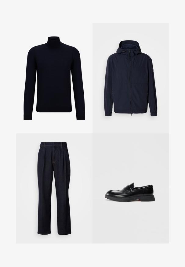 Mørkeblå letvægtsjakke med lynlås foran, justerbar hætte, elastiske manchetter og to forlommer; glat, mat tekstur.; Mørkeblå turtleneck sweater lavet af fint strikstof, med lange ærmer og en tætsiddende, høj halsudskæring. Ingen synlige mønstre eller detaljer.; Mørkeblå vidde denim jeans med frontfældninger og orange syninger, vist på hvid baggrund.; Sorte læder loafers med en glat finish, der har en hævet frontpanel og en kontrasterende rød detalje på sålen. Flad gummisål.