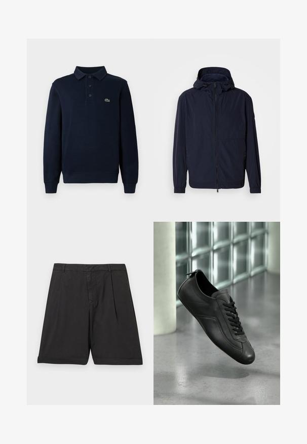 Mørkeblå letvægtsjakke med lynlås foran, justerbar hætte, elastiske manchetter og to forlommer; glat, mat tekstur.; Mørkeblå langærmet polo t-shirt med knaplukning og lille grøn krokodille-logo på brystet.; Sorte bomuldsshorts med lige snit, forreste læg, linning og opbukket kant. Teksturen er glat, og stoffet virker let.; Sort læder sneakers med snørebånd svævende over en poleret betongulv ved siden af en glasstensvæg i et minimalistisk miljø.