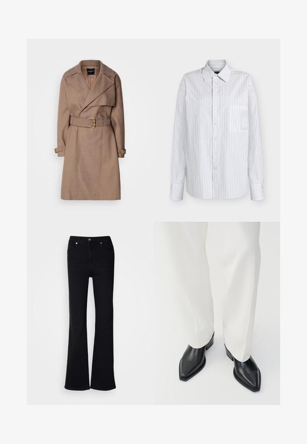 MARCIANO BY GUESS CHRISTINA - Trenčkot - taupe; Biela košeľa s dlhým rukávom na gombíky s tenkými zvislými čiernymi pruhmi a predným vreckom na hrudi.; Čierne rozšírené rifle vyrobené z denimu, s uzáverom na gombík a zips, piatimi vreckami a hladkou textúrou.; Čierne ankle boots s ostrou špičkou a hladkým koženým povrchom, s nízkym blokovým podpätkom, v kombinácii s bielymi širokými nohavicami. Jednoduchý a moderný dizajn.