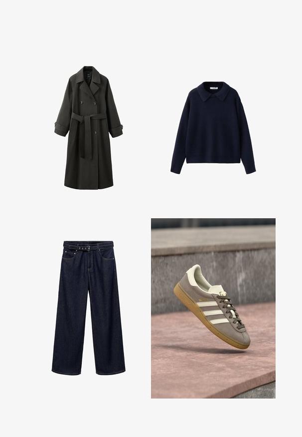 Mørkegrå dobbeltradet trenchcoat med brede revers, knappede stropper ved manchetterne, sidelommer og et bælte bundet foran i taljen.; Marineblå strikket langærmet sweater med en bred, spids krave og en afslappet pasform på en hvid baggrund.; Mørkeblå brede jeans lavet af denim. Har et bælte i taljen med flere knapper, forlommer og en ren afslutning ved sømmene.; Lysebrun ruskinds Adidas-sneaker med hvide striber og gummisål, svævende over lyserøde stentrapper udendørs.