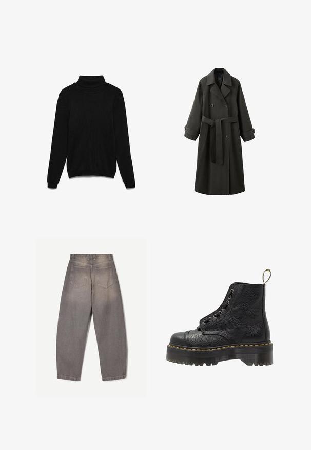Trench-coat gris foncé à doubles boutonnages avec larges revers, brides boutonnées aux poignets, poches latérales et ceinture à la taille nouée à l'avant.; Pull à col roulé noir en tissu tricoté. Comprend des manches longues, un col côtelé et une coupe décontractée. Aucune texture ou accent visible.; Jean en denim gris vu de dos avec deux poches arrière, passants de ceinture et une coupe légèrement fuselée.; Bottines en cuir noir avec surface texturée, bout arrondi, lacets, coutures jaunes et une épaisse semelle noire crantée.