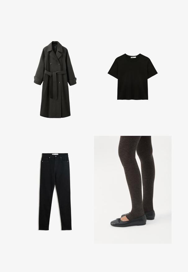 Mørkegrå dobbeltradet trenchcoat med brede revers, knappede stropper ved manchetterne, sidelommer og et bælte bundet foran i taljen.; Sort T-shirt med korte ærmer og rund hals med lige kant, vist på hvid baggrund.; Sorte denimjeans med slim fit, fem lommer, metalhardware og lynlås. Glat tekstur med en let stræk.; Ben iført mørke ribbede leggings kombineret med sorte balletsko med små sløjfedetaljer på hvid baggrund.