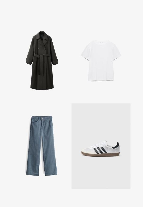 Dunkelgrauer zweireihiger Trenchcoat mit breiten Revers, geknöpften Riemen an den Ärmelbündchen, Seitentaschen und einem vorne gebundenen Taillengürtel.; Unifarbenes weißes T-Shirt mit kurzen Ärmeln und Rundhalsausschnitt, gerader Saum, dargestellt auf weißem Hintergrund.; Helle blaue und weiße gestreifte weite Hosen mit hoher Taille, ausgestattet mit fünf Taschen und einem knöpfbaren Bund.; Weißer Mesh-Sneaker mit schwarzen Streifen, beiger Wildleder-Kappe an der Spitze und am Absatz, strukturierter Gummisohle und weißen Schnürsenkeln. Klassisches Low-Top-Design.
