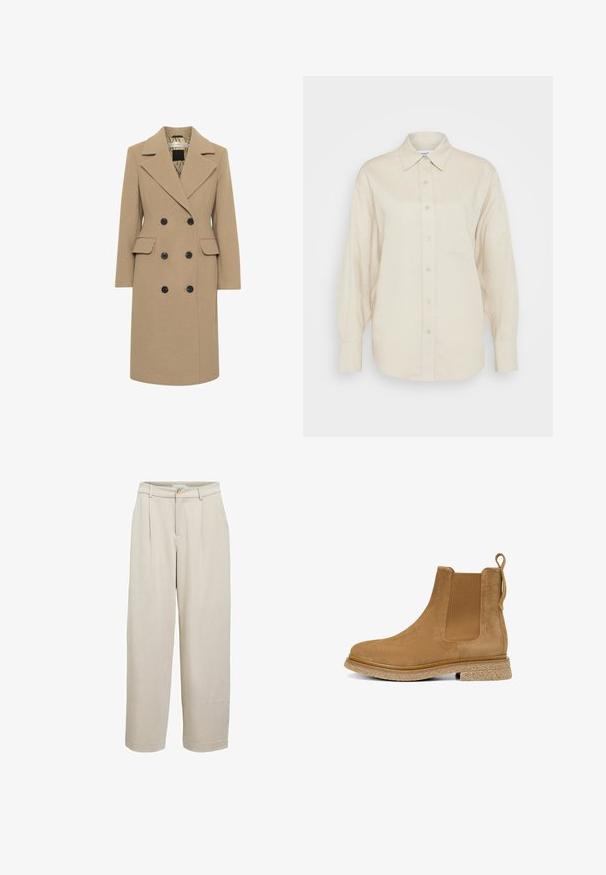 Manteau croisé en mélange de laine beige, doté de boutons noirs, de revers crantés et de deux poches latérales ; entièrement doublé avec un intérieur à motif.; Chemise beige à boutons, fabriquée en tissu léger, avec des manches longues, une poche poitrine et un col classique.; Pantalon large beige en tissu léger, doté d'une fermeture à crochet et bouton, de plis à l'avant et d'un ourlet à la cheville.; Bottines Chelsea en daim beige avec panneaux élastiques sur les côtés, une languette à l'arrière et une semelle en caoutchouc texturée. Surface lisse et design à bout rond.