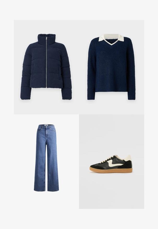 Marineblaues Corduroy-Puffermantel mit hohem Kragen, vollem Frontreißverschluss und langen Ärmeln, entworfen für kaltes Wetter.; Marineblauer Pullover mit strukturiertem Finish, V-Ausschnitt und kontrastierendem weißen Kragen. Mit langen Ärmeln und lockerer Passform.; Helleblaue Denim-Weite-Leg-Jeans mit hoher Taille, zwei vorderen Taschen und sichtbarer Naht. Mit Knopf- und Reißverschluss.; Schwarze Wildleder- und Leder-Sneaker mit einem cremefarbenen Seiten-Swoosh und einer hellcremefarbenen Ferse. Ausgestattet mit beige Schnürsenkeln und einer Gummilaufsohle.