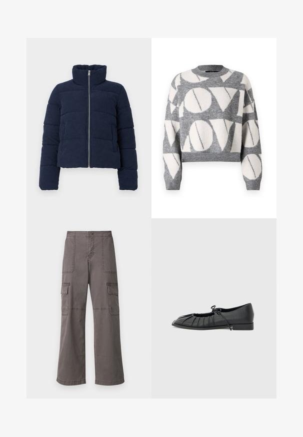Námornícky modrá kordúrová pufér bunda s vysokým golierom, plným predným zipsom a dlhými rukávmi, navrhnutá na chladné počasie.; Vero Moda VMLOVE O NECK PULLOVER - Svetrík - medium grey melange/birch solid; Šedé cargo nohavice z bavlny s širokým strihom, ktoré majú dve predné vrecká, dve bočné vrecká a viditeľné steh.; Čierna plochá obuv s pregĺadeným predným dizajnom a viazanou mašľou na vrchu, nízky podpätok a hladká textúra na svetlosivom pozadí.