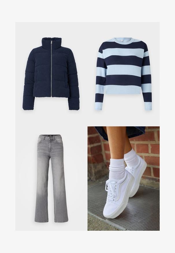 Marineblaues Corduroy-Puffermantel mit hohem Kragen, vollem Frontreißverschluss und langen Ärmeln, entworfen für kaltes Wetter.; Hellblau und marine gestreifter Pullover mit rundem Halsausschnitt, langen Ärmeln und gerippten Bündchen. Hergestellt aus einem weichen, gestrickten Material.; Hochtaillierte graue Denim-Jeans mit geradem Bein, Frontknopf und Reißverschluss, Vorder- und Gesäßtaschen sowie ausgewaschenen Schattierungen an Oberschenkeln und Waden.; Weiße Leinensneaker mit Gummisohlen, ausgestattet mit sechs Ösen, runder Zehenpartie und dezenten Nähten, kombiniert mit weißen Knöchelsocken.