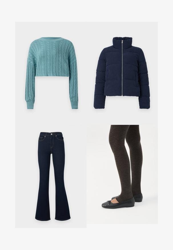 Veste en velours côtelé bleu marine avec un col haut, une fermeture éclair sur toute la longueur et des manches longues, conçue pour les temps froids.; Pull en tricot torsadé bleu clair, court, avec des manches longues et des poignets et un col côtelés, sur fond blanc.; Jean évasé bleu foncé avec une taille haute, des poches frontales et des coutures contrastées, confectionné en tissu denim à la texture lisse.; Jambes portant des leggings côtelés foncés associés à des ballerines noires avec de petits détails en nœud sur fond blanc.