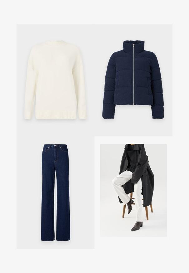 Veste en velours côtelé bleu marine avec un col haut, une fermeture éclair sur toute la longueur et des manches longues, conçue pour les temps froids.; Pull en tricot blanc avec un col et des poignets en côtes. Présente une coupe décontractée et une texture douce, idéale pour superposer lors des temps plus frais.; Jean en denim bleu foncé à taille haute, coupe large et design classique à cinq poches. Fini avec des coutures contrastées et un bouton en métal.; Un trench-coat noir, surdimensionné, porté sur un haut noir, associé à un pantalon blanc et des bottines à bout pointu marron, assis sur un tabouret en bois.
