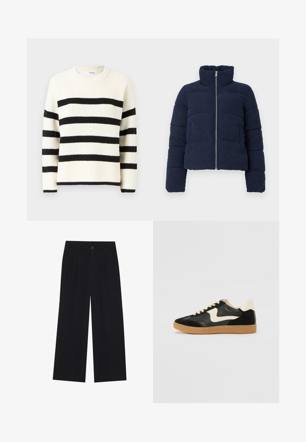 Veste en velours côtelé bleu marine avec un col haut, une fermeture éclair sur toute la longueur et des manches longues, conçue pour les temps froids.; Pull crème avec de larges rayures noires, texture côtelée et col rond. Manches longues avec des poignets noirs.; Pantalons larges noirs en tissu lisse. Comprend des plis à l'avant, une fermeture à bouton et des poches latérales. Design simple sans motifs.; Baskets en daim et cuir noir avec un swoosh latéral crème et un talon crème clair. Dotées de lacets beige et d'une semelle en caoutchouc gomme.